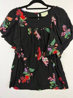 Maeve Anthropologie Floral Blouse Black Flutter Sleeve Keyhole Top XS